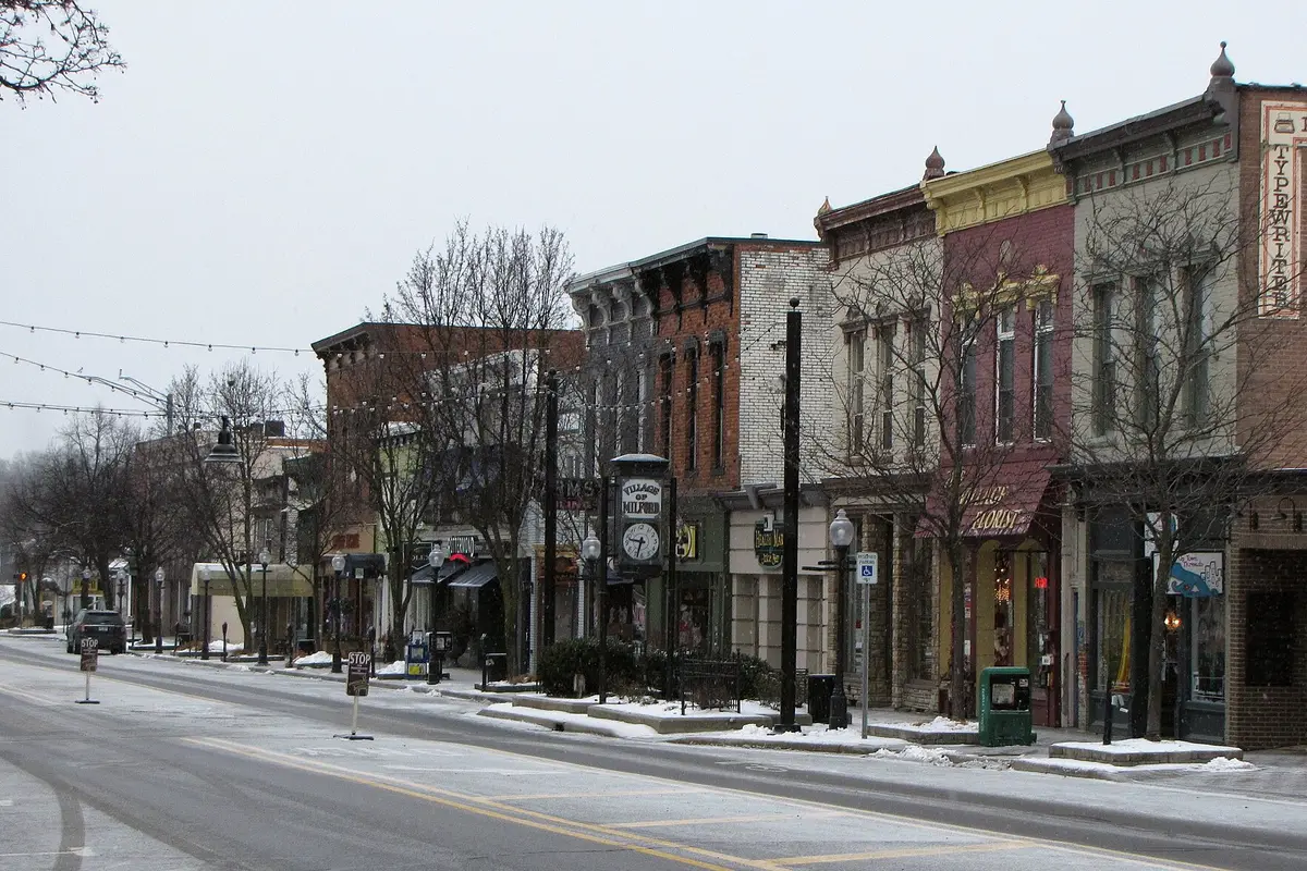 Historic storefronts on North Main Street in downtown Milford, Michigan